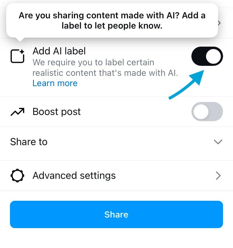 Instagram's sharing screen, with the Add AI label switch turned on
